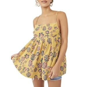 Free People Gilded Indigo Molly Sleeveless Tunic Top Empire Waist Yellow Medium